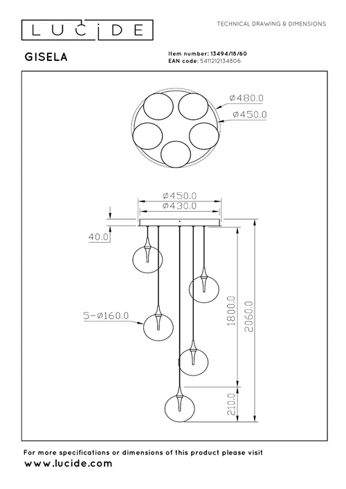 Lucide GISELA - Pendant light - Ø 48 cm - LED Dim. - 5x3,8W 2700K - Transparant | Premium - technical